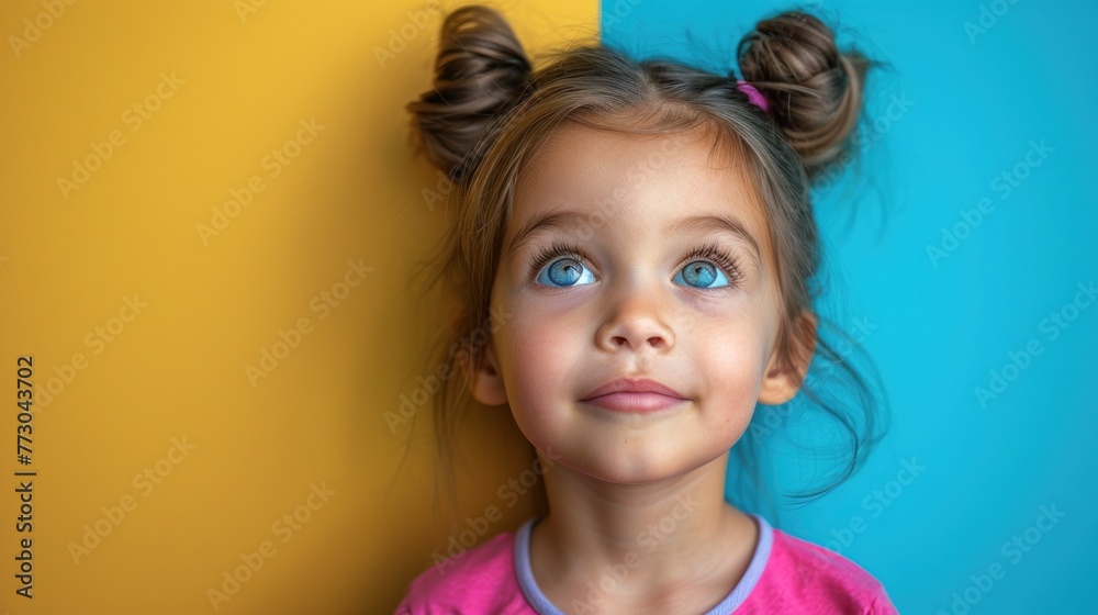 A young girl with vibrant blue eyes wearing a pink shirt A young girl with vibrant blue eyes wearing a pink shirt