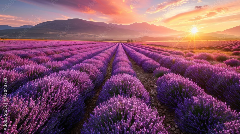 Fototapeta premium Lavender field sunset. Generative AI