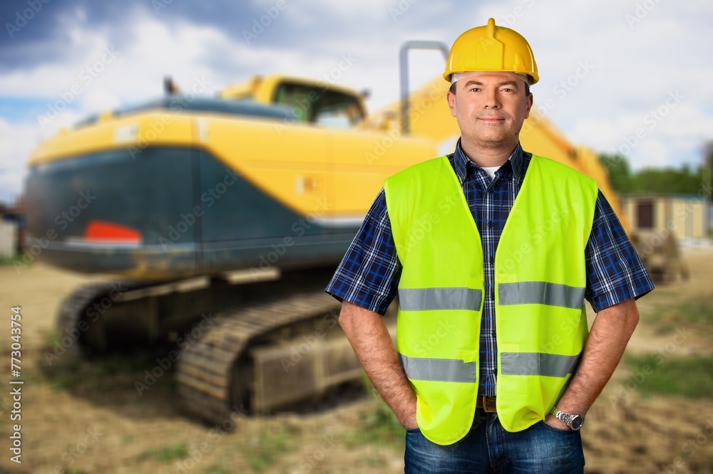 Worker man with bulldozer on big building construction. Worker man with bulldozer on big building construction.