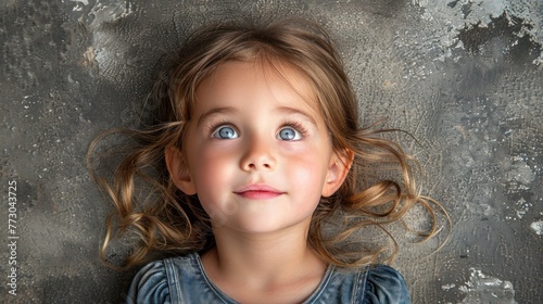 Young child with blue eyes gazing upwards photo