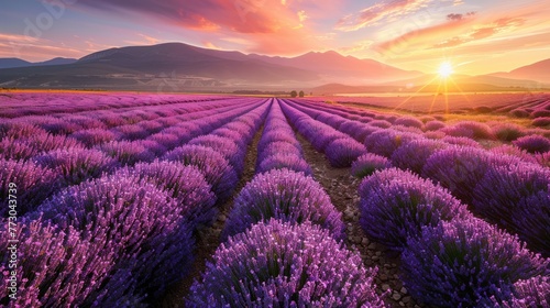 Lavender field sunset. Generative AI