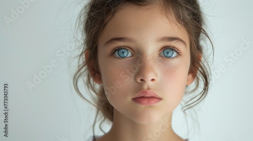 A young girl with blue eyes gazes directly at the camera