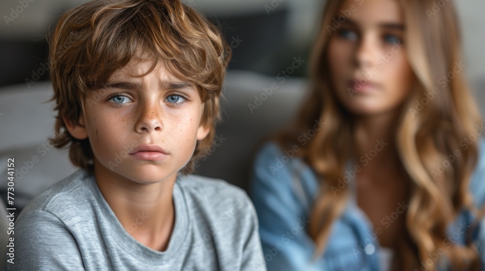 A woman is seated next to a boy on a couch A woman is seated next to a boy on a couch