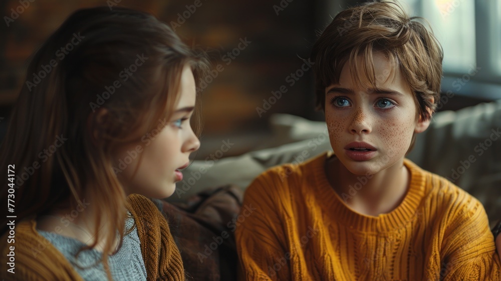 A boy and girl are seated on a couch, making eye contact with each other A boy and girl are seated on a couch, making eye contact with each other