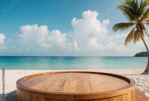 Wooden Podium on sea beach sand with sea background generative ai © Branding_Cafe