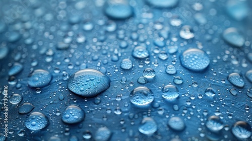 Close-up view of water droplets resting on a vibrant blue surface