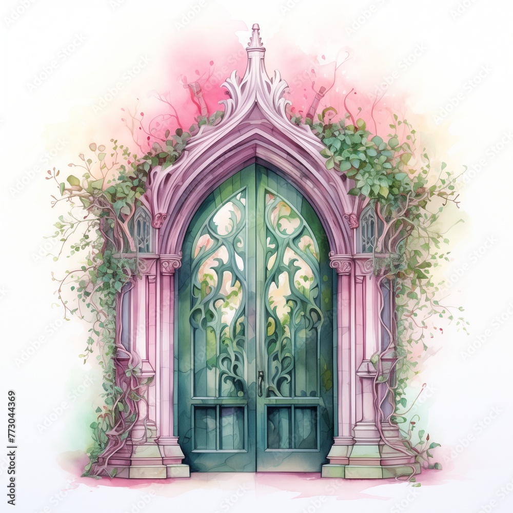 Watercolor illustration of a fairy tale gothic garden door