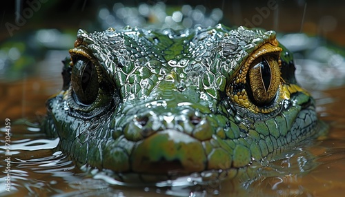 Intense close-up of a crocodiles face submerged in water