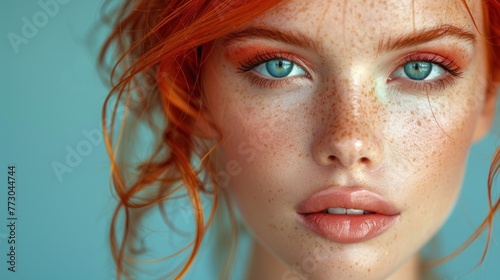 A woman with red hair, freckled skin, and blue eyes photo
