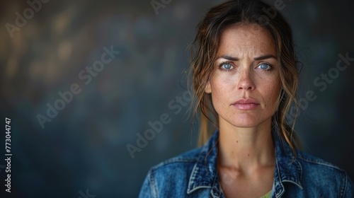 A woman with striking blue eyes wearing a denim jacket photo