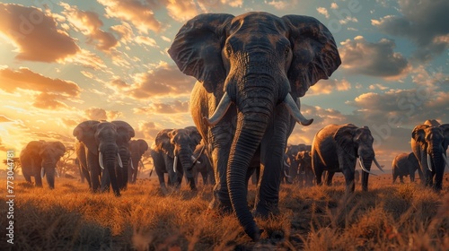 herd of african elephants savannah at sunset