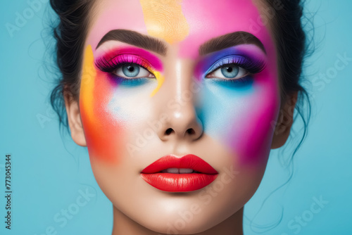 A woman with colorful makeup on her face. The makeup is bright and bold, with a rainbow of colors. The woman has a confident and playful expression on her face, as if she is ready to take on the world