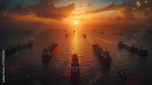 A large container ship sailing across the ocean at evening sunset with cargo ships for import and export logistics and world trade. photo