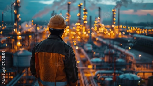 A male engineer working in a large oil production petroleum industry plant is inspecting an industrial pipeline in an upstream oil and gas production plant in the background.