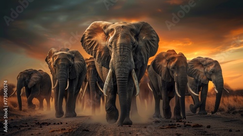 herd of african elephants savannah at sunset photo