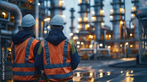 A worker inspects an industrial pipeline with a petroleum engineer in a large factory on an oil rig with a large factory in the background and part of an upstream oil and gas production facility.
