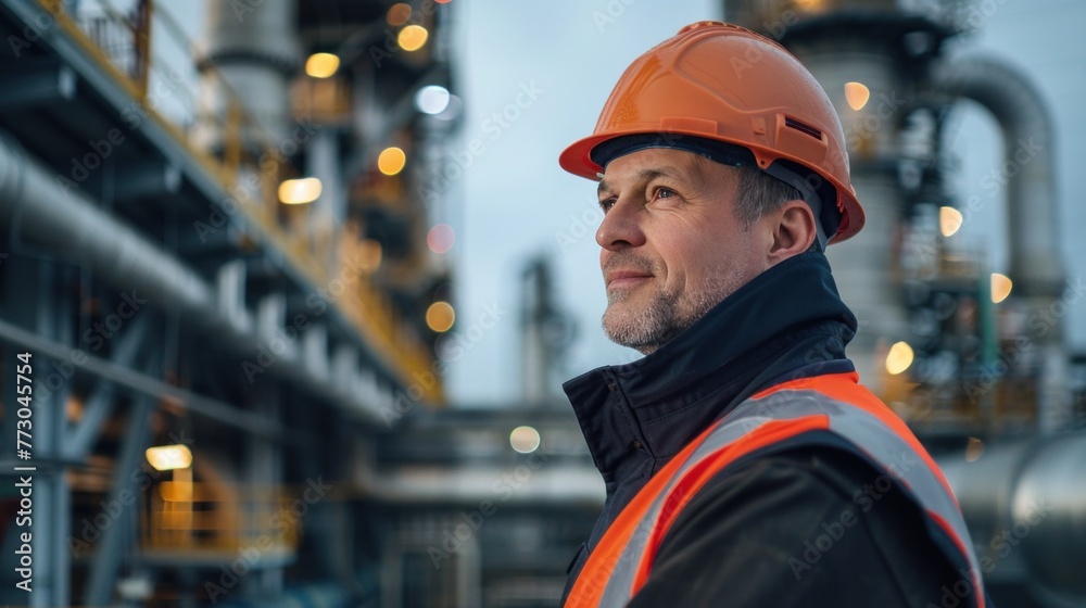 A male engineer working in a large oil production petroleum industry plant is inspecting an industrial pipeline in an upstream oil and gas production plant in the background. A male engineer working in a large oil production petroleum industry plant is inspecting an industrial pipeline in an upstream oil and gas production plant in the background.