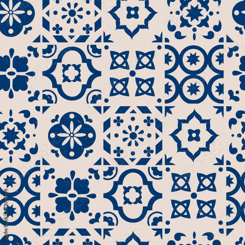 Various square Tiles. Different blue ornaments. Traditional mediterranean style. Hand drawn Vector illustration. Ceramic tiles. Grunge texture. Square seamless Pattern, background, wallpaper