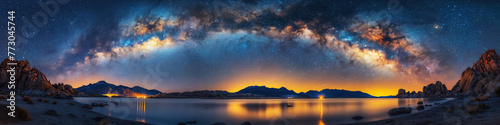 landscape panorama with milky way in night starry sky against background of mountains and waters