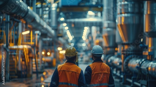 A worker inspects an industrial pipeline with a petroleum engineer in a large factory on an oil rig with a large factory in the background and part of an upstream oil and gas production facility.