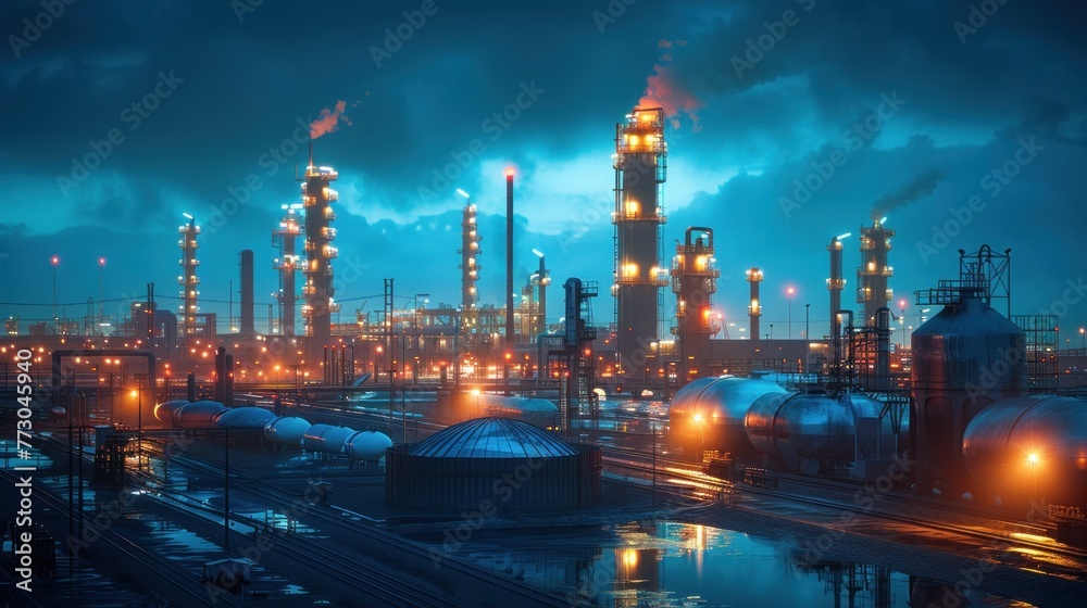 Aerial view of an oil refinery as an industrial estate with sunset lights and Steel pipe factory equipment in the petroleum industry producing upstream oil and gas as a background.