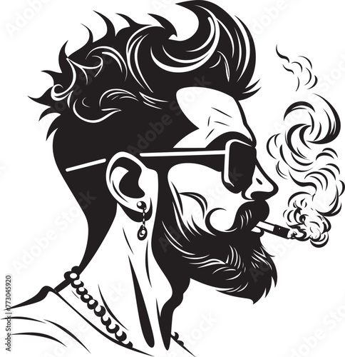 Slick Smoke Vector Logo of a Trendy Guy with a Smoke Stylish Stogie Cartoon Guy with Cigar Puffing Emblem