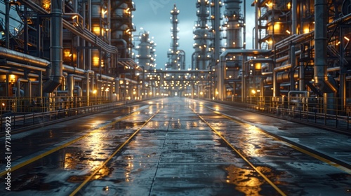 An oil refinery as an industrial estate with sunset lights and Steel pipe factory equipment in the petroleum industry producing upstream oil and gas as a background. photo