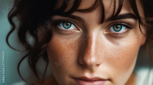 A woman with blue eyes and brown hair. She has a slight smile on her face. The image is of a woman with a blue eye shadow © valentyn640