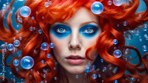 A woman with long red hair and blue eyes is in a blue ocean with bubbles. The bubbles are scattered all over her hair and face