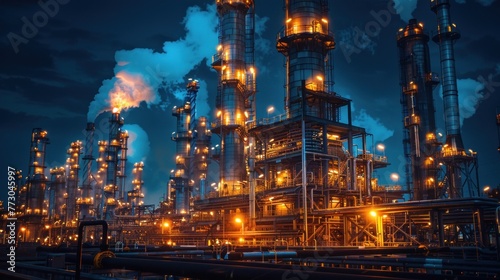 An oil refinery as an industrial estate with sunset lights and Steel pipe factory equipment in the petroleum industry producing upstream oil and gas as a background.