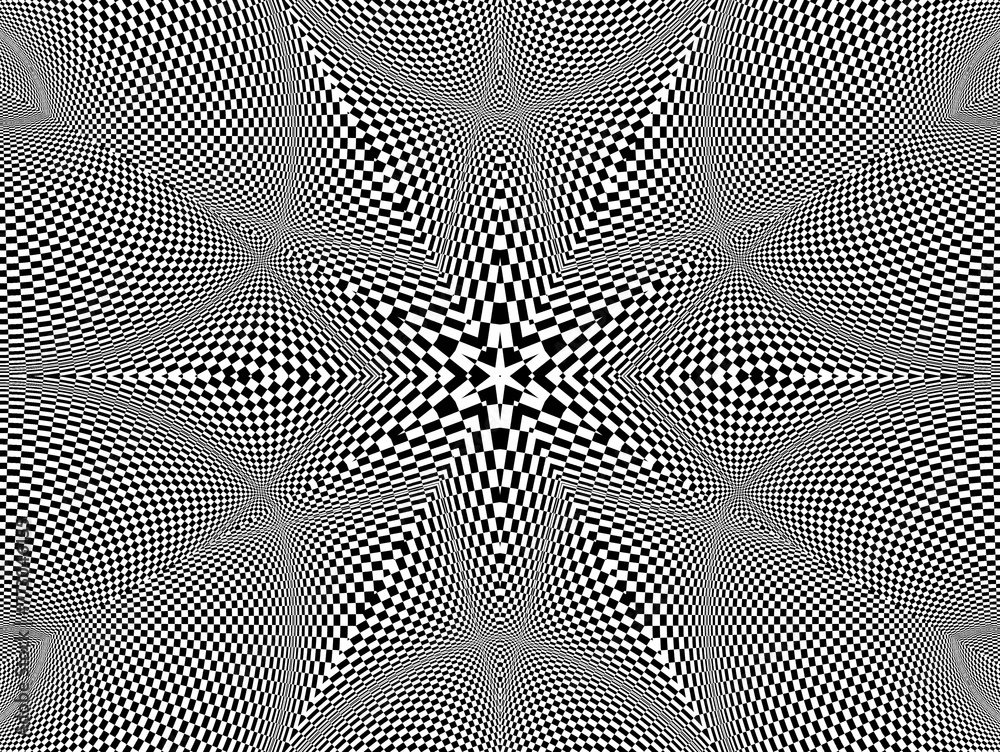 Naklejka premium Kalejdoskop, wypukła geometryczna tekstura 3d, wybrzuszone sferyczne strefy w kształcie gwiazdy o wzorze biało - czarnej szachownicy. Abstrakcyjne tło