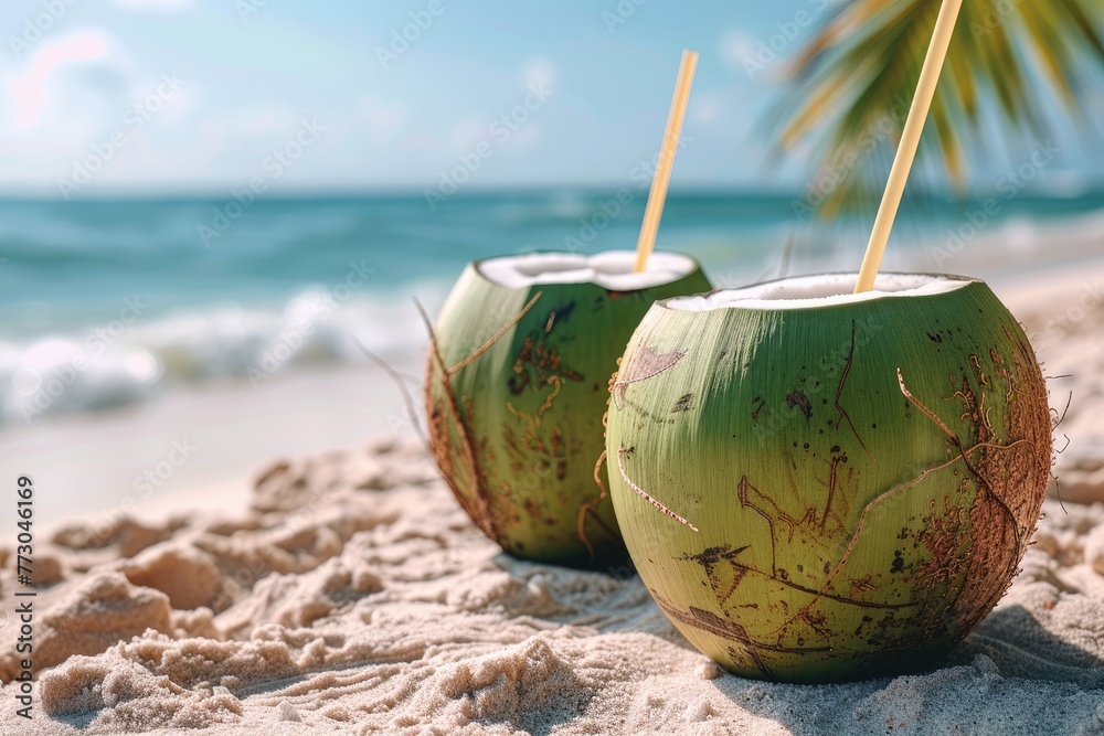 Fresh tropical young green coconut in the beach professional photography Fresh tropical young green coconut in the beach professional photography