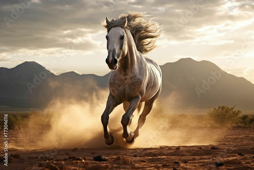 A graceful gray horse kicking up dust as it dashes across a rustic landscape. The sunlight highlights the horse's muscular form and the texture of the arid ground, photo