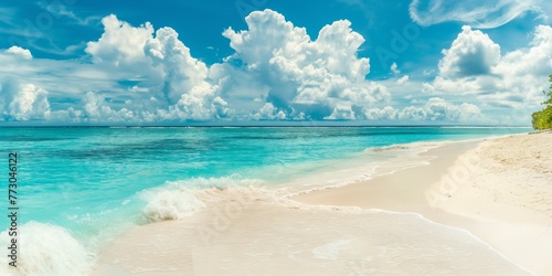 Gorgeous white sand beach with calm, rolling waves of the turquoise ocean on a sunny day with white clouds in the blue sky in the background.