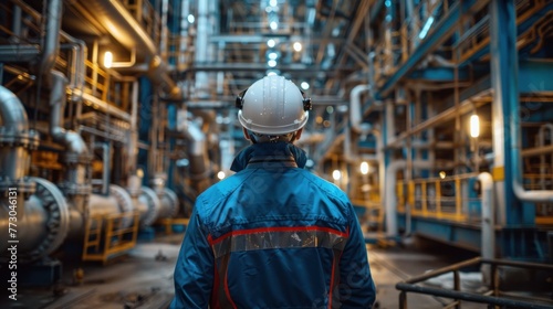 A male engineer working in a large oil production petroleum industry plant is inspecting an industrial pipeline in an upstream oil and gas production plant in the background.