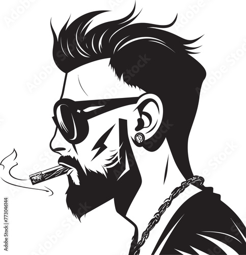 Slick Smoke Vector Logo of a Trendy Guy with a Smoke Stylish Stogie Cartoon Guy with Cigar Puffing Emblem