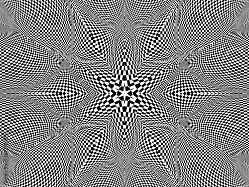 Kalejdoskop, wypukła geometryczna tekstura 3d,  wybrzuszone sferyczne strefy w kształcie gwiazdy o wzorze biało - czarnej szachownicy. Abstrakcyjne tło © ellaa44
