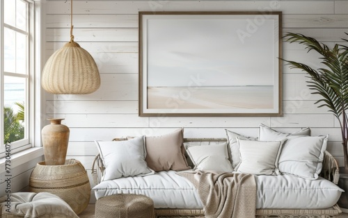 Fototapeta Naklejka Na Ścianę i Meble -  Mockup frame close up in coastal style home interior background, 3d render