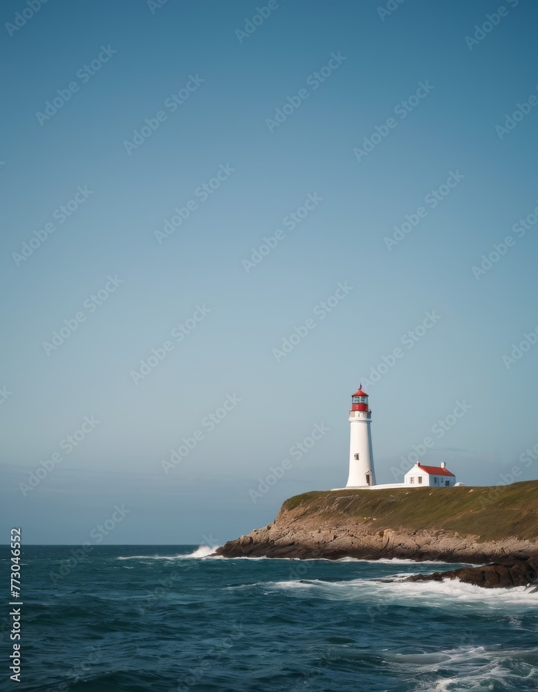 A lone lighthouse oversees the rough sea, offering a point of reference against the vastness of the blue ocean and clear sky.
