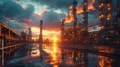 An oil refinery as an industrial estate with sunset lights and Steel pipe factory equipment in the petroleum industry producing upstream oil and gas as a background.