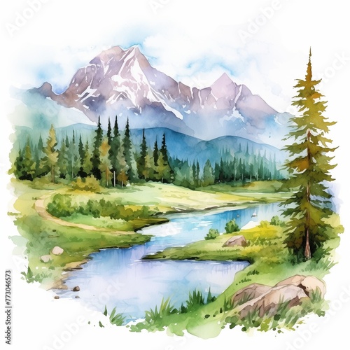 Watercolor painting of mountain scene on the white background