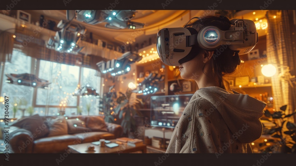 A young girl wearing a futuristic VR headset is amazed by an animated spaceship flying around their living room with a virtual reality glasses device. A young girl wearing a futuristic VR headset is amazed by an animated spaceship flying around their living room with a virtual reality glasses device.