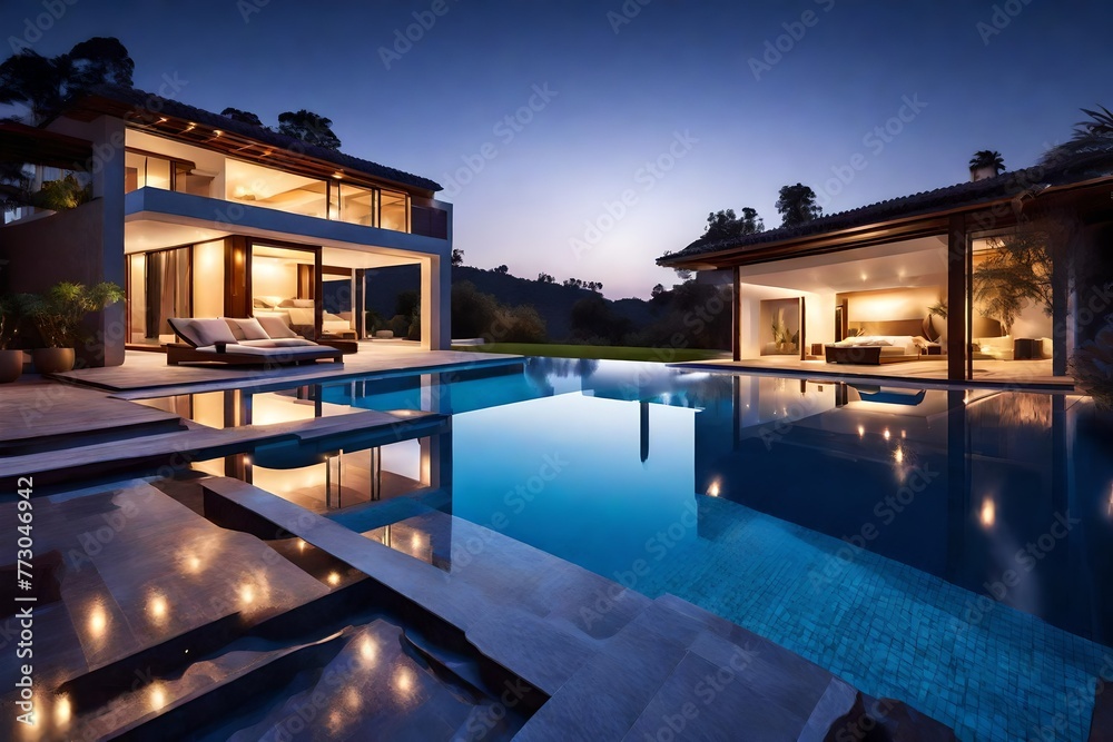 Luxury with wide swimming pool. Modern design of modern living house.