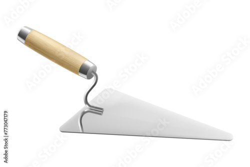 Isometric cement trowel isolated on white background. Realistic bricklayer trowel vector icon for web design. Spatula with a wooden handle. Construction tool. Vector illustration. 3D.