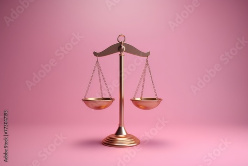 Feminine Touch on Justice. Scales of justice in a soft pink setting, evoking themes of women's rights and gender equality in the legal system. photo