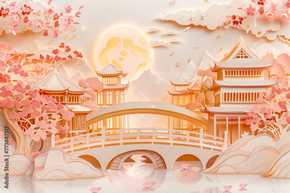 Japan Castle Paper Art with Sakura and lake, pink gold theme