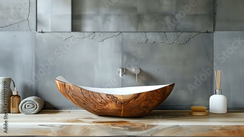 A rustic live edge counter with a natural wood vessel rests against a wall of concrete tiles. This modern bathroom has a minimalist interior design.