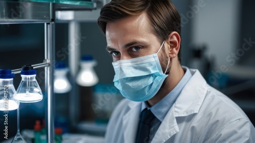 A Close-Up Portrait of a Passionate Research Scientist  Masked and Focused  Leading the Way to New Medical Discoveries in a Modern Laboratory.