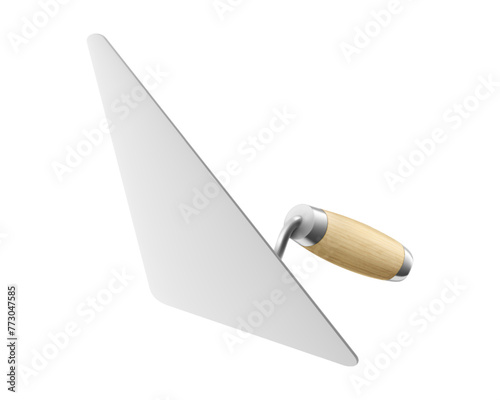 Isometric cement trowel isolated on white background. Realistic bricklayer trowel vector icon for web design. Spatula with a wooden handle. Construction tool. Vector illustration. 3D.