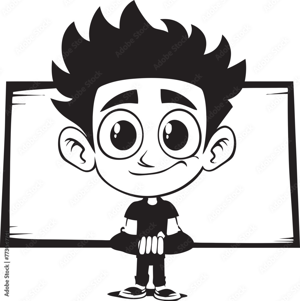 Obraz premium Poster Prodigy Cartoon Man with Sign Emblem Graphic Banner Buddy Vector Logo of a Friendly Sign Holder